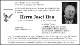 Traueranzeige Josef Han