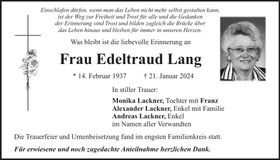 Traueranzeige Edeltraud Lang