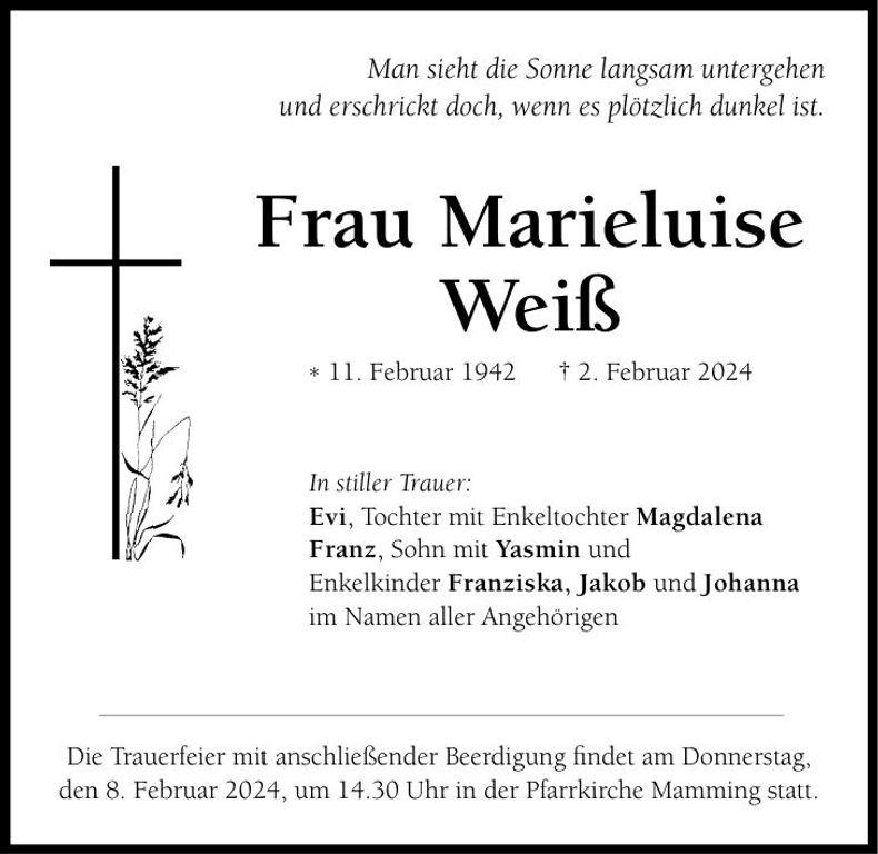 Traueranzeige Marieluise Weiß