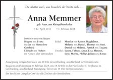 Traueranzeige Anna Memmer