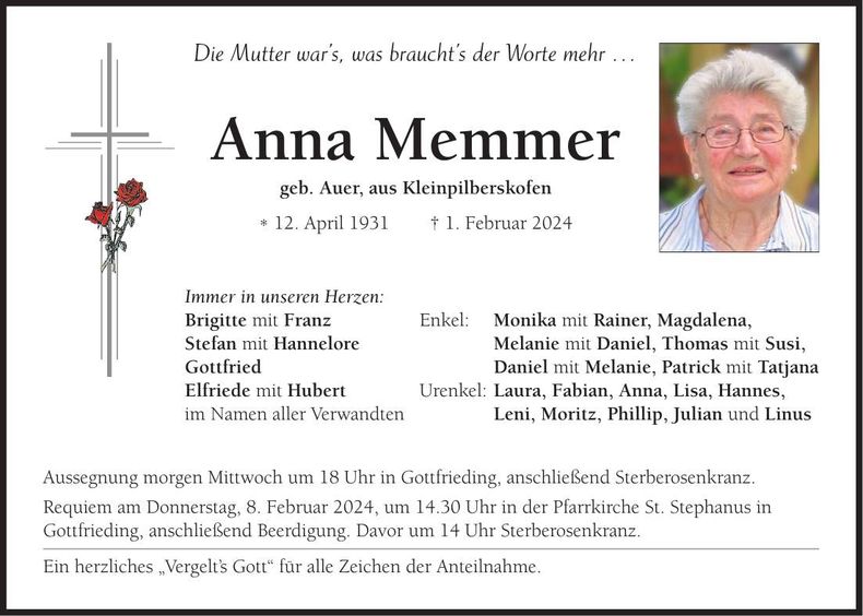 Traueranzeige Anna Memmer