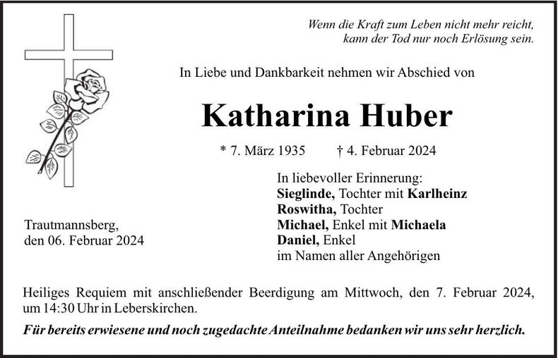 Traueranzeige Katharina Huber