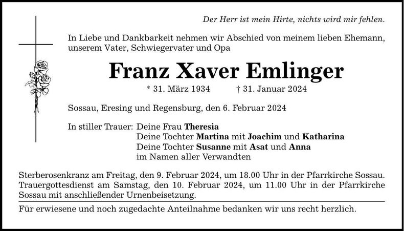 Traueranzeige Franz Xaver Emlinger