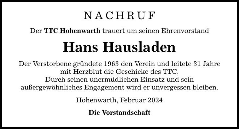 Traueranzeige Hans Hausladen