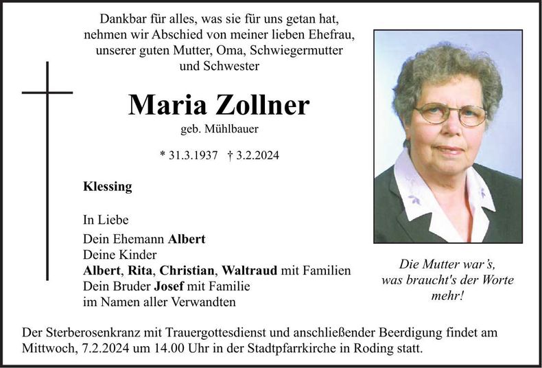 Traueranzeige Maria Zollner
