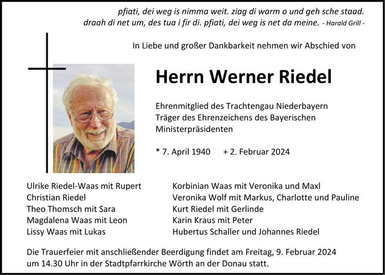 Traueranzeige Werner Riedel