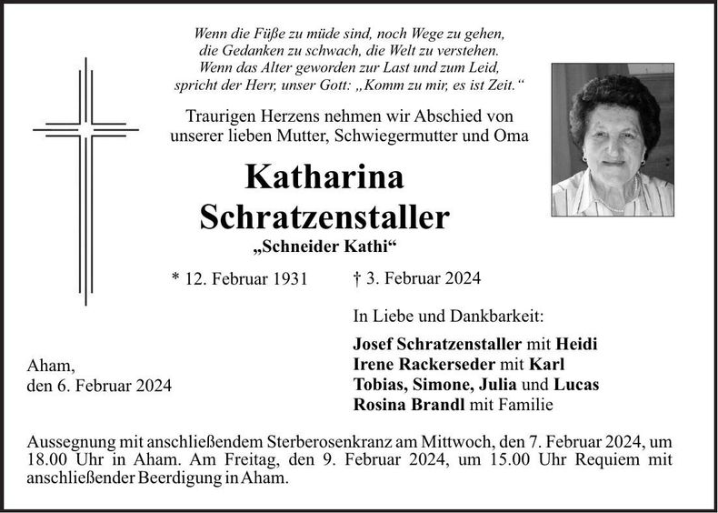 Traueranzeige Katharina Schratzenstaller