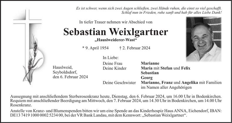 Traueranzeige Sebastian Weixlgartner