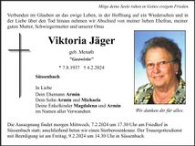 Traueranzeige Viktoria Jäger