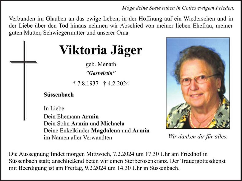 Traueranzeige Viktoria Jäger