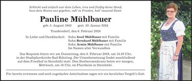 Traueranzeige Pauline Mühlbauer