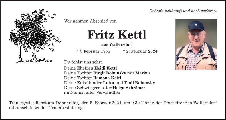 Traueranzeige Fritz Kettl