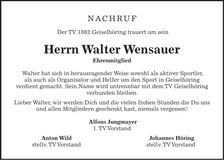Traueranzeige Walter Wensauer