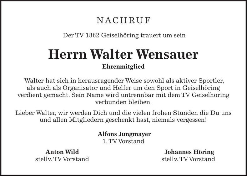 Traueranzeige Walter Wensauer