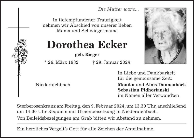 Traueranzeige Dorothea Ecker