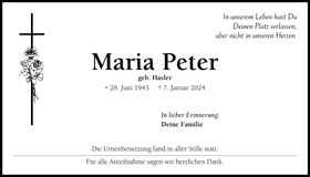 Traueranzeige Maria Peter