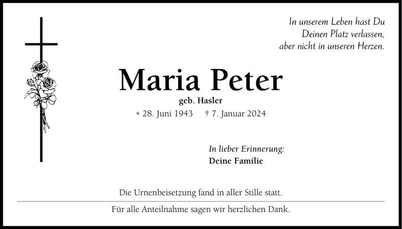 Traueranzeige Maria Peter