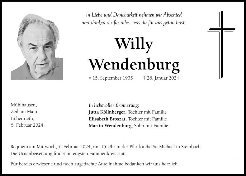 Traueranzeige Willy Wendenburg