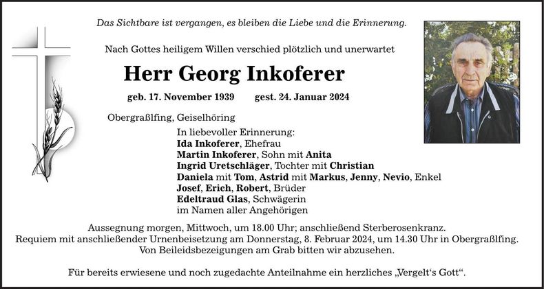 Traueranzeige Georg Inkoferer