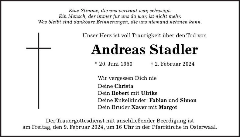 Traueranzeige Andreas Stadler