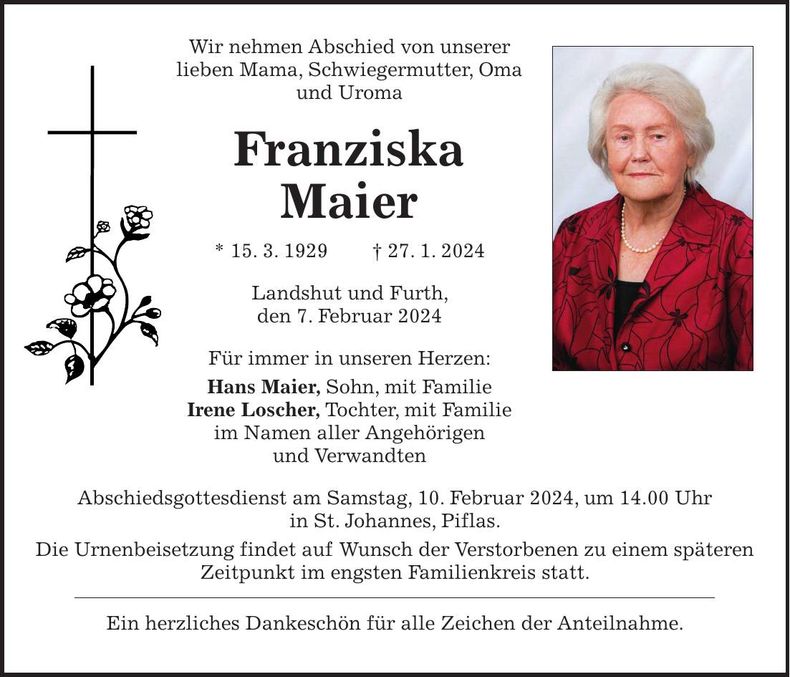 Traueranzeige Franziska Maier