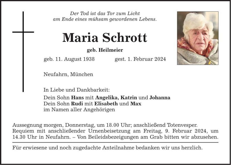 Traueranzeige Maria Schrott