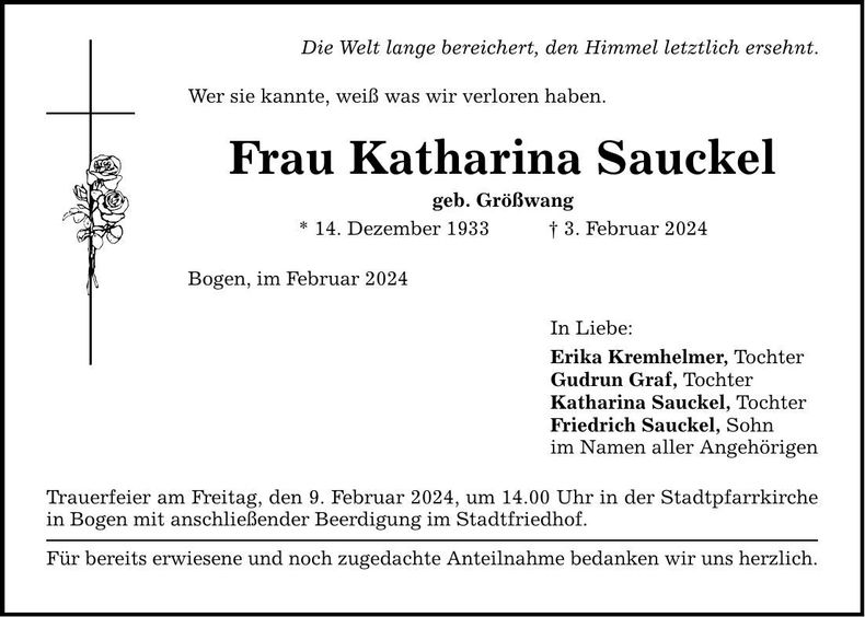 Traueranzeige Katharina Sauckel