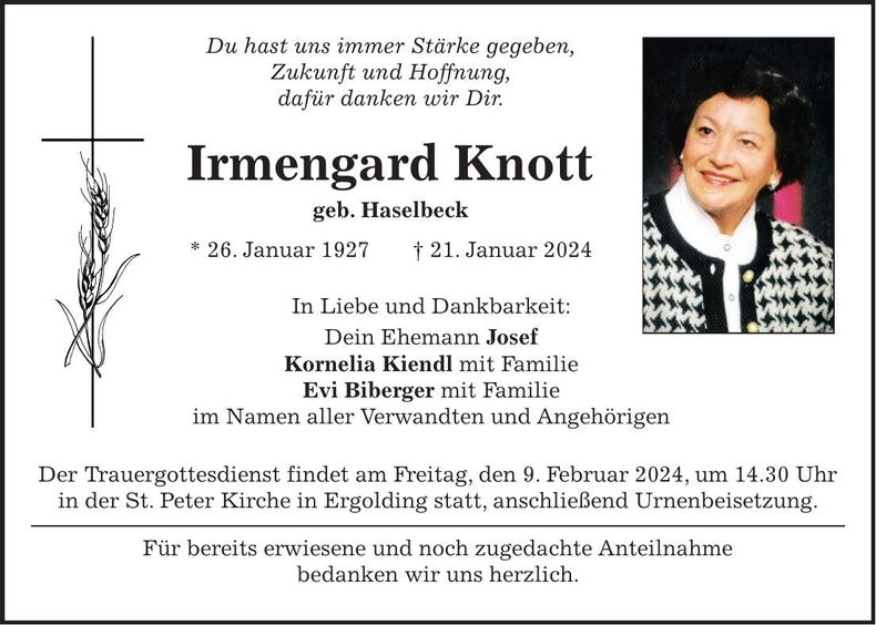 Traueranzeige Irmengard Knott