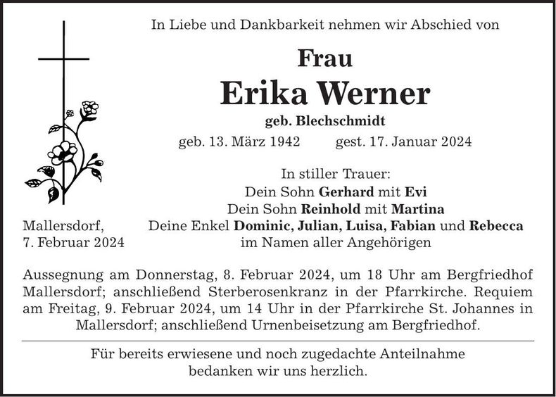 Traueranzeige Erika Werner