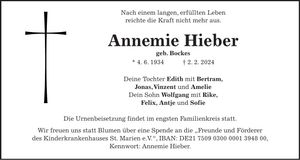 Traueranzeige Annemarie Hieber