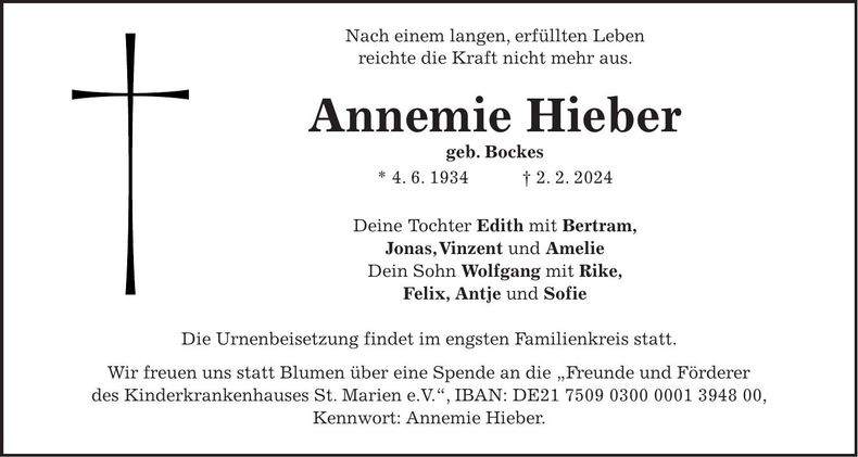 Traueranzeige Annemarie Hieber