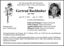 Traueranzeige Gertrud Bachhuber