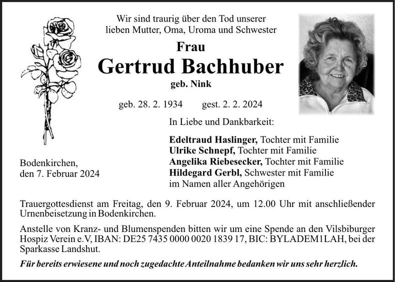 Traueranzeige Gertrud Bachhuber