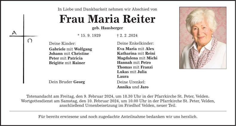 Traueranzeige Maria Reiter