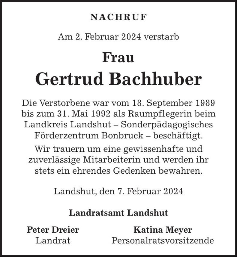 Traueranzeige Gertrud Bachhuber