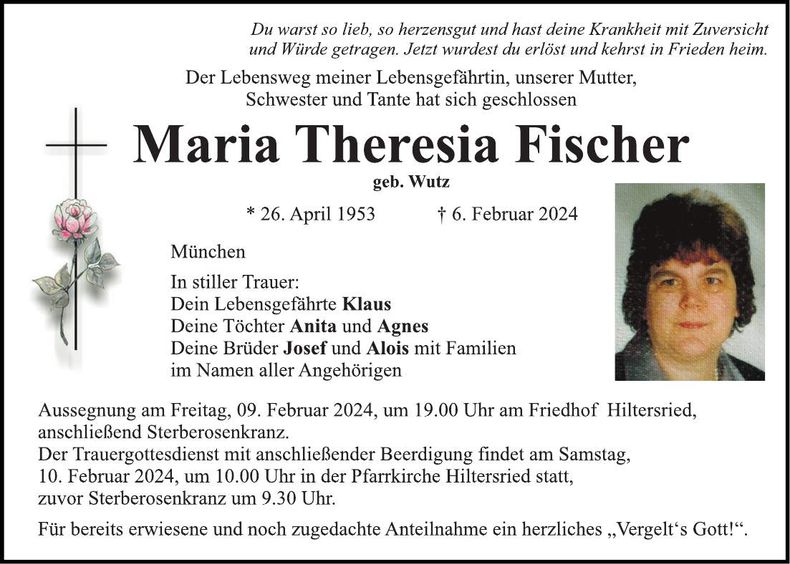 Traueranzeige Maria Theresia Fischer