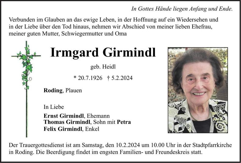 Traueranzeige Irmgard Girmindl