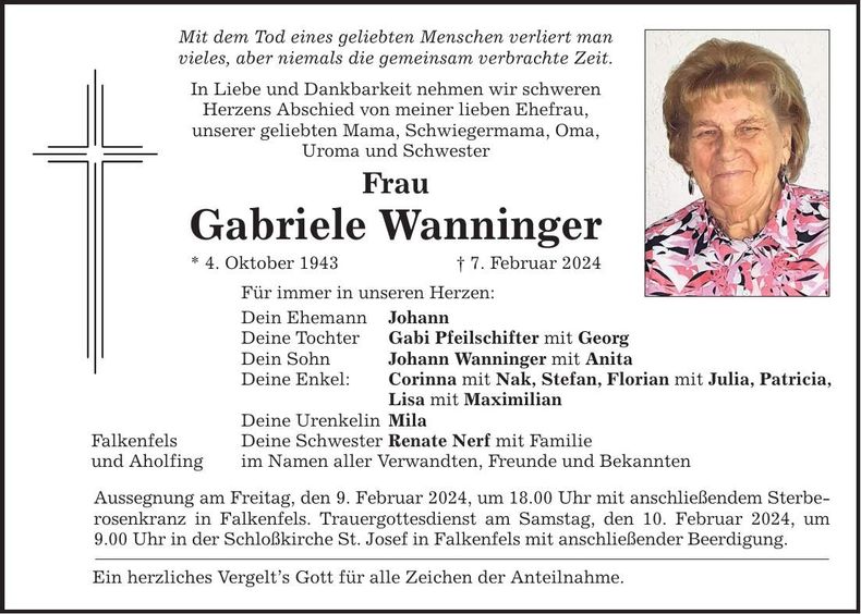 Traueranzeige Gabriele Wanninger