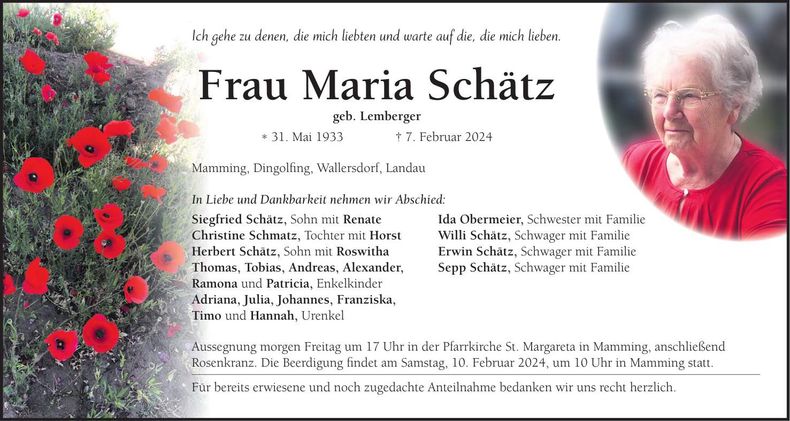 Traueranzeige Maria Schätz