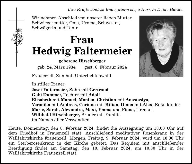 Traueranzeige Hedwig Faltermeier