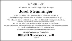 Traueranzeige Josef Stranninger