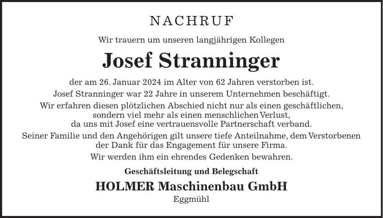 Traueranzeige Josef Stranninger