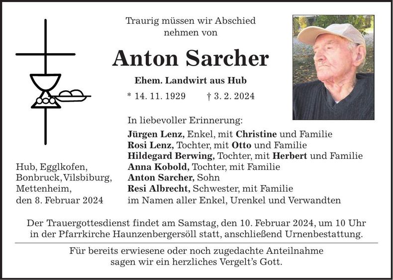 Traueranzeige Anton Sarcher