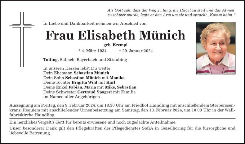 Traueranzeige Elisabeth Münich