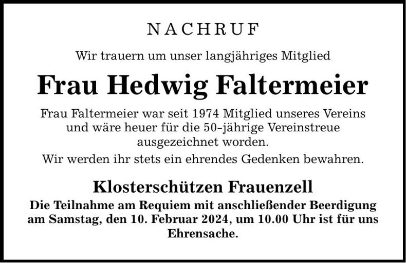 Traueranzeige Hedwig Faltermeier