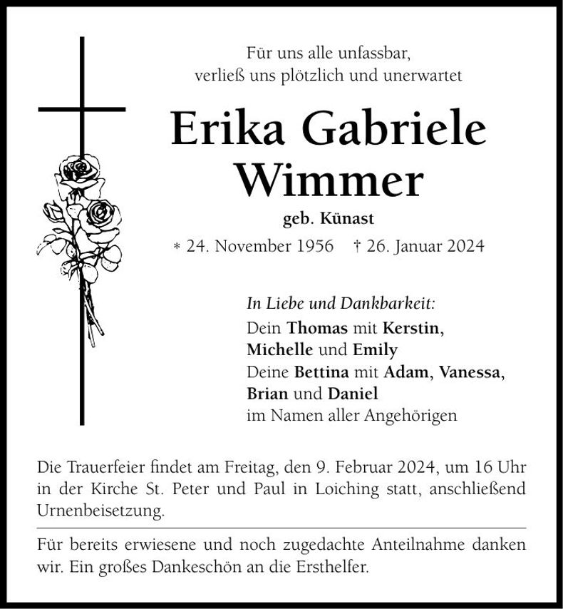 Traueranzeige Erika Gabriele Wimmer