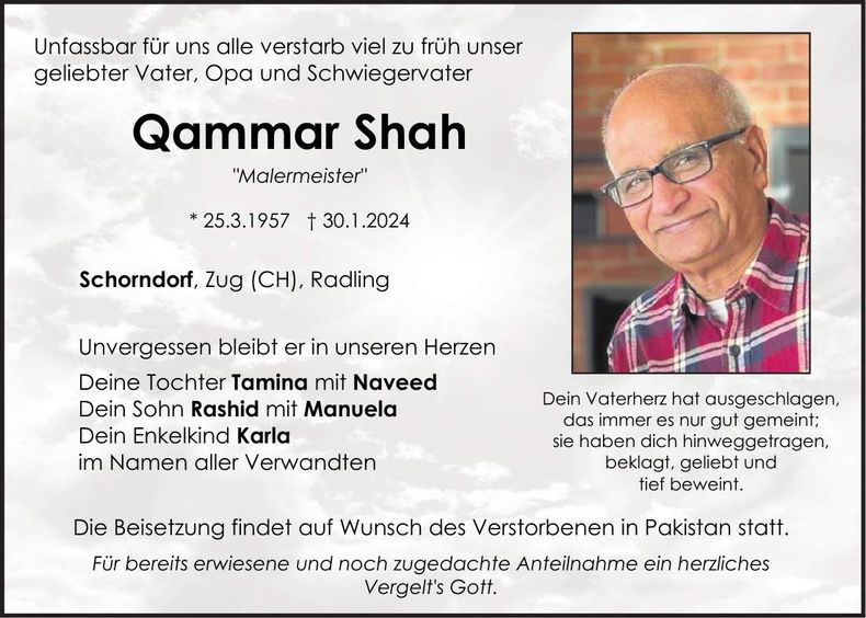 Traueranzeige Qammar Shah