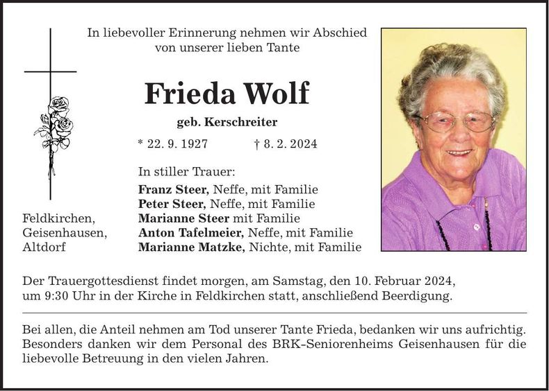 Traueranzeige Frieda Wolf