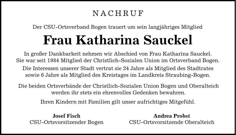 Traueranzeige Katharina Sauckel