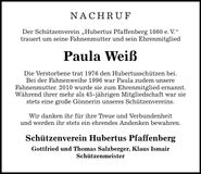 Traueranzeige Paula Weiß